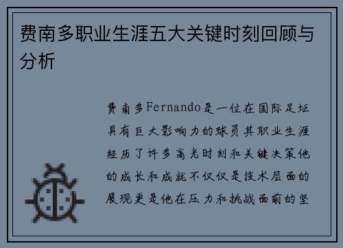 费南多职业生涯五大关键时刻回顾与分析