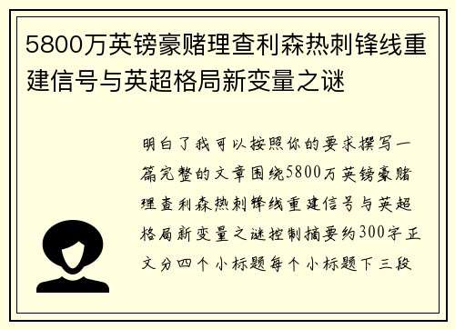 5800万英镑豪赌理查利森热刺锋线重建信号与英超格局新变量之谜