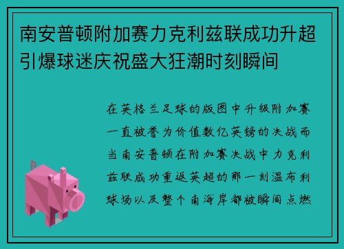 南安普顿附加赛力克利兹联成功升超引爆球迷庆祝盛大狂潮时刻瞬间
