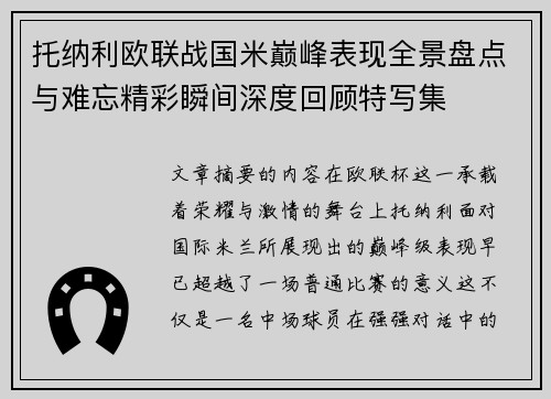 托纳利欧联战国米巅峰表现全景盘点与难忘精彩瞬间深度回顾特写集